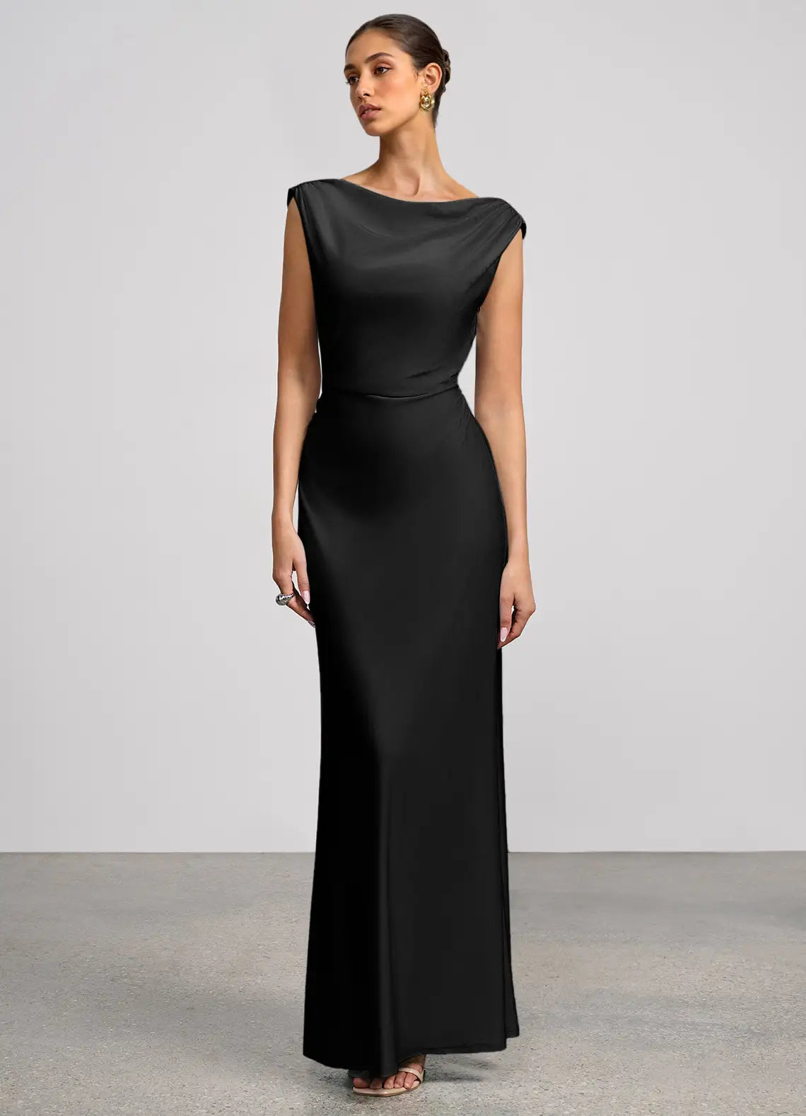 Black Mermaid Cowl Neck Satin Cap Sleeve Floor-Length Wedding Dress - Yihuiw by Yihuiw