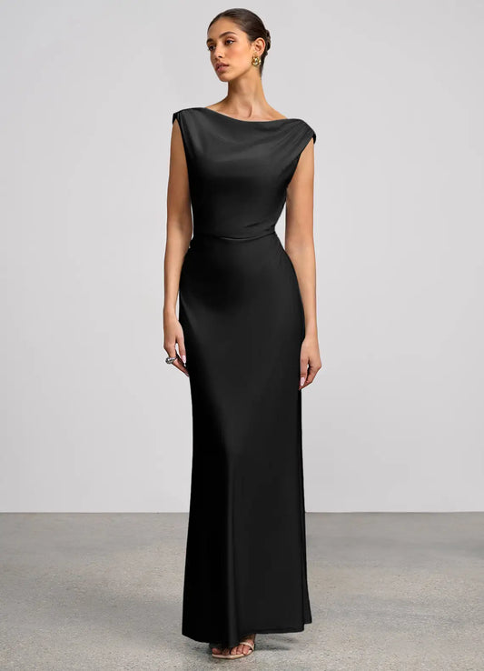 Black Mermaid Cowl Neck Satin Cap Sleeve Floor-Length Wedding Dress - Yihuiw by Yihuiw