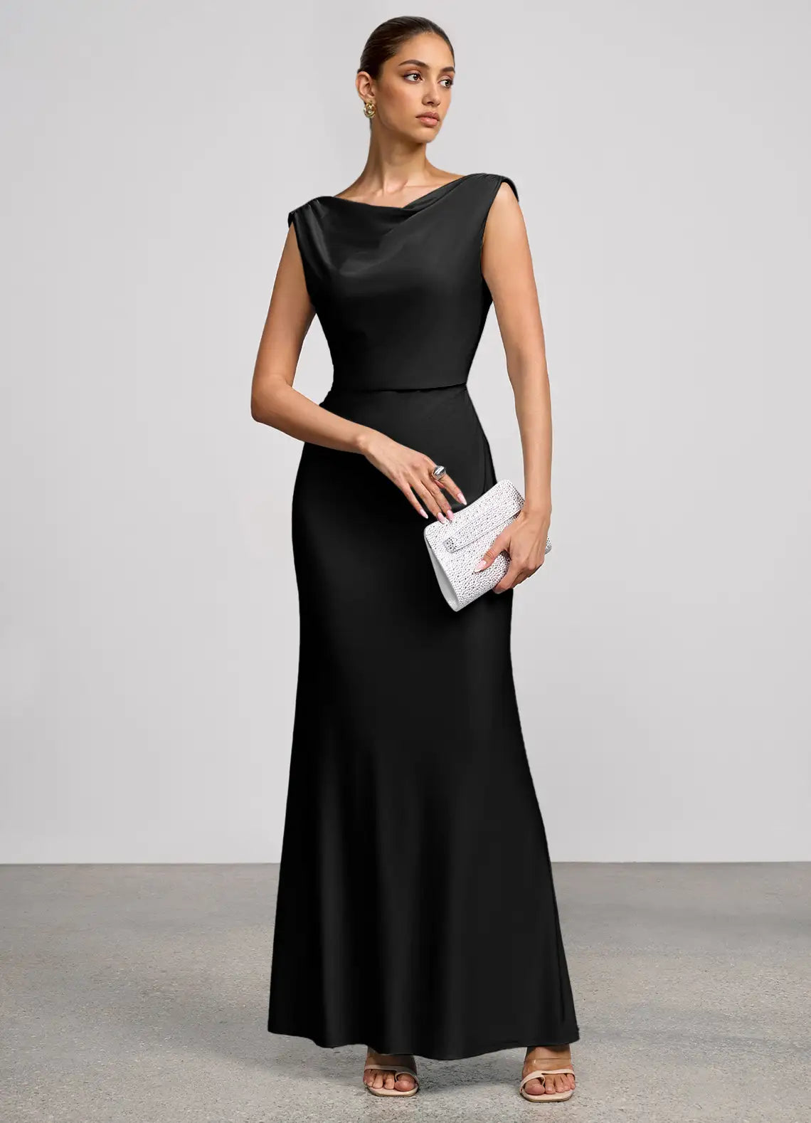 Black Mermaid Cowl Neck Satin Cap Sleeve Floor-Length Wedding Dress - Yihuiw by Yihuiw