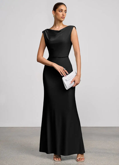 Black Mermaid Cowl Neck Satin Cap Sleeve Floor-Length Wedding Dress - Yihuiw by Yihuiw