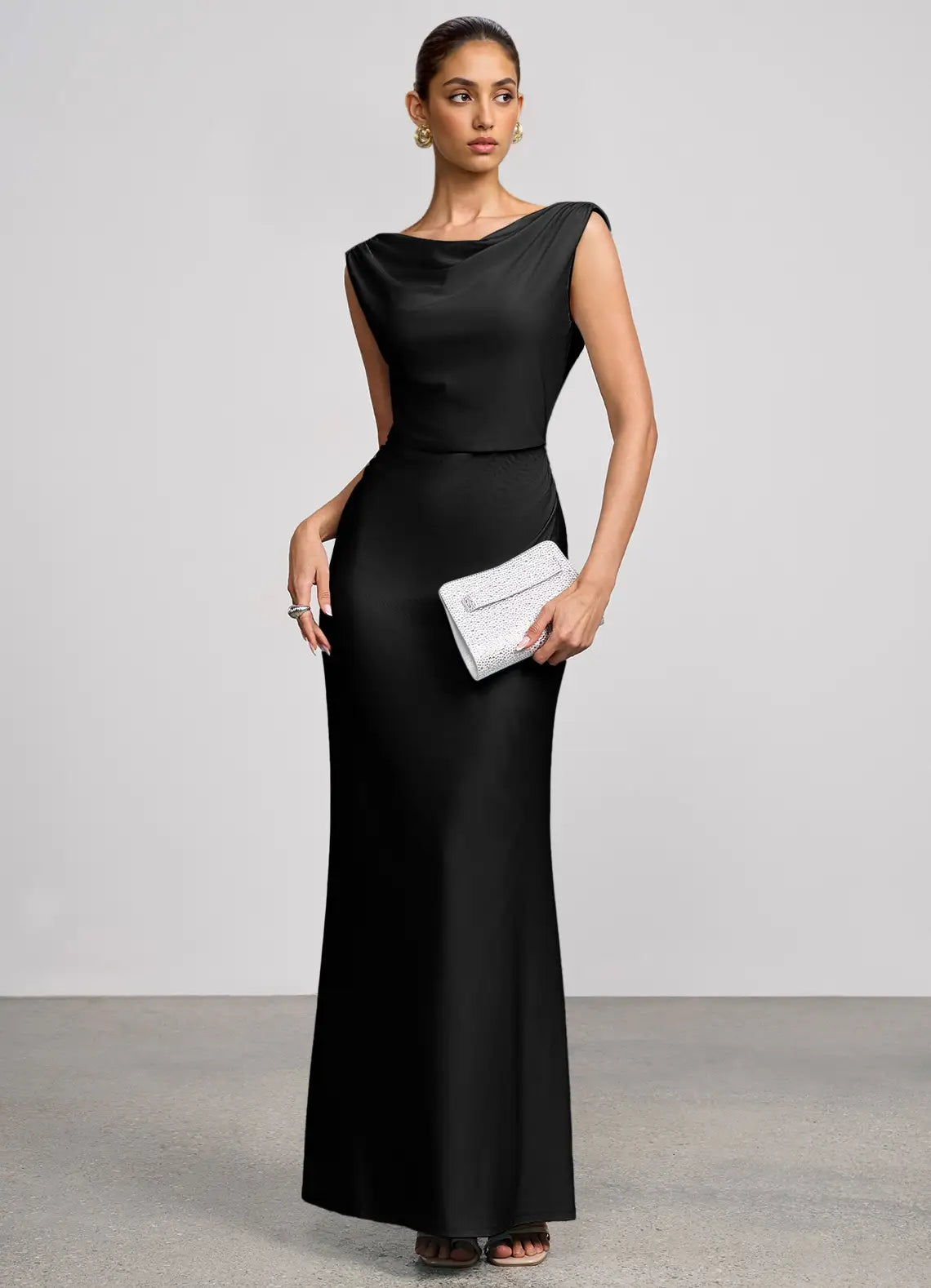 Black Mermaid Cowl Neck Satin Cap Sleeve Floor-Length Wedding Dress - Yihuiw by Yihuiw