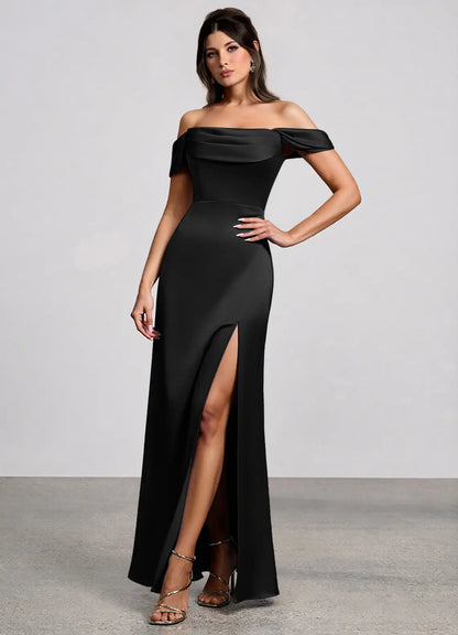 Black Mermaid Off-Shoulder High Slit Floor-Length Wedding Dress - Yihuiw by Yihuiw