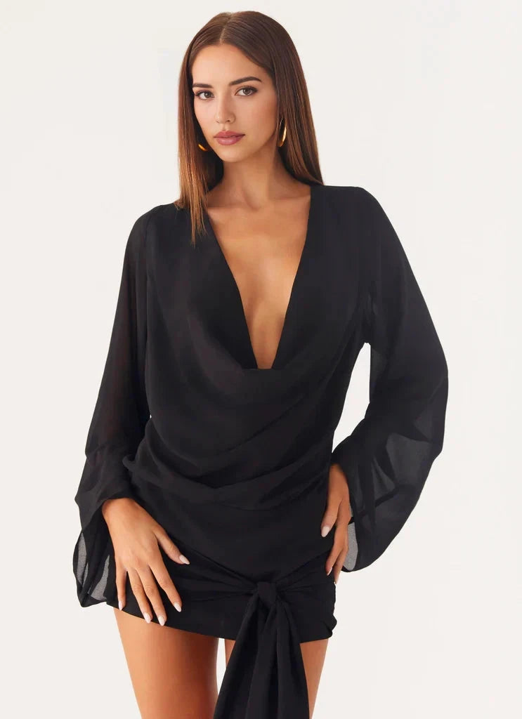 Black Cowl Neck Mini Dress with Bell Sleeves and Side Tie Ruched waistband Front tie sash Bridesmaid Dresses by YiHuiw
