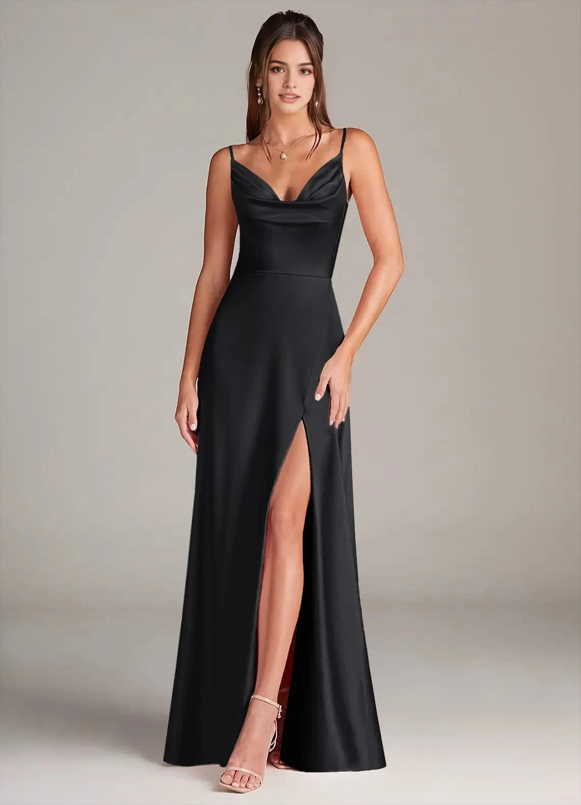 Black Cowl Neck Satin Maxi Dress with Side Slit A-Line Pleated Stretch Satin Dress Bridesmaid Dresses by YiHuiw
