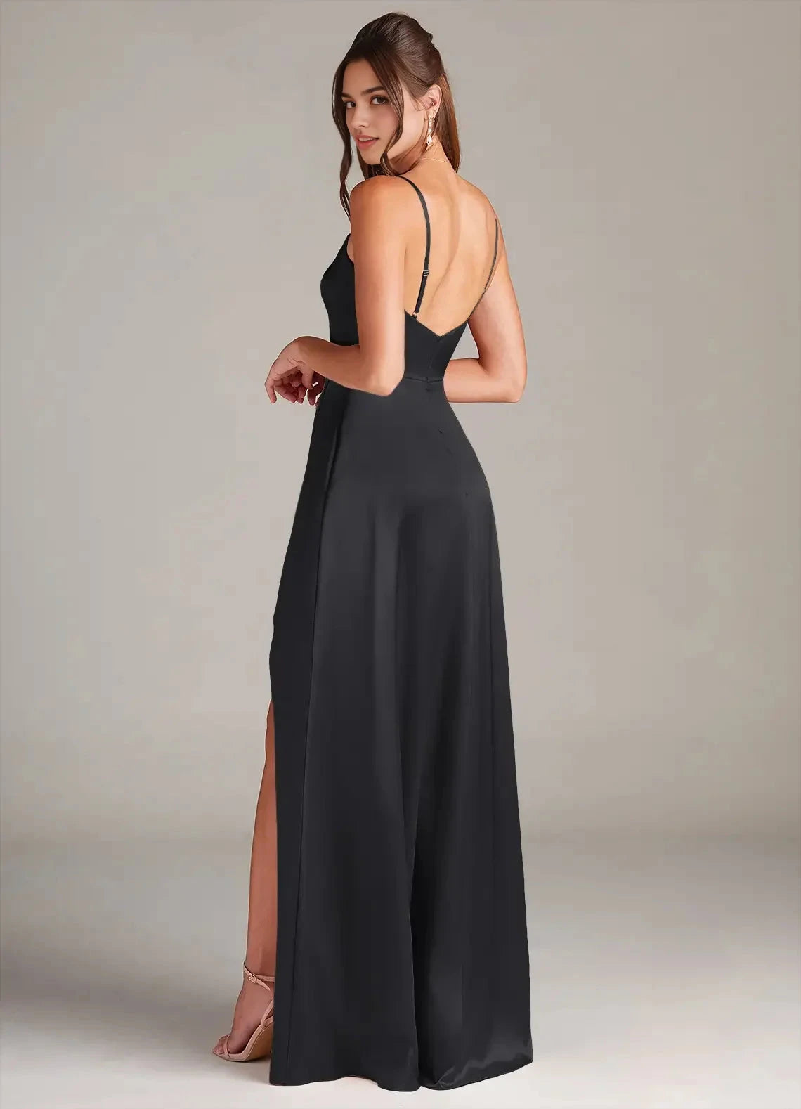 Black Cowl Neck Satin Maxi Dress with Side Slit A-Line Pleated Stretch Satin Dress Bridesmaid Dresses by YiHuiw