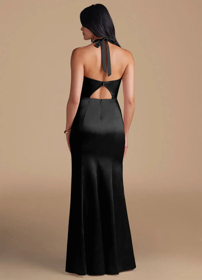 Black Cowl Neck Spaghetti Strap Maxi Dress with Side Slit Sheath Side Slit Metallic Satin Bridesmaid Dresses by YiHuiw