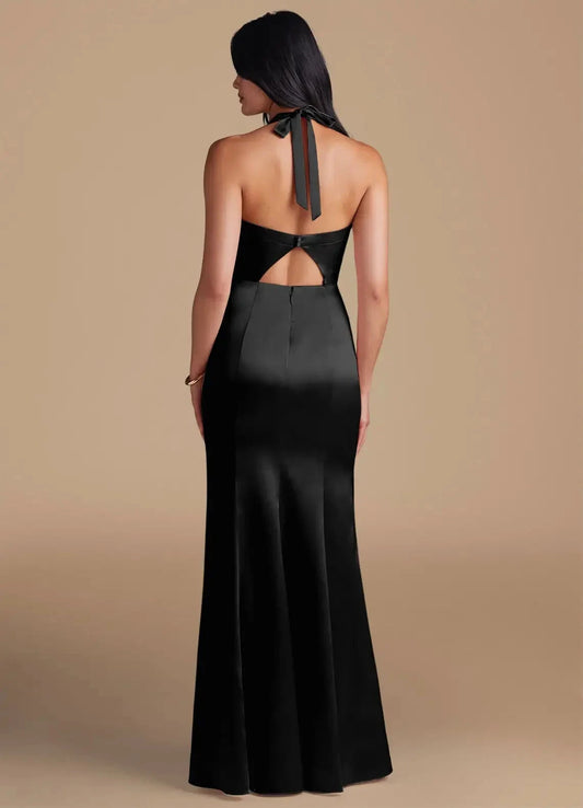 Black Cowl Neck Spaghetti Strap Maxi Dress with Side Slit Sheath Side Slit Metallic Satin Bridesmaid Dresses by YiHuiw
