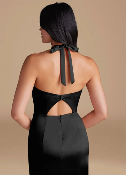 Black Cowl Neck Spaghetti Strap Maxi Dress with Side Slit Sheath Side Slit Metallic Satin Bridesmaid Dresses by YiHuiw