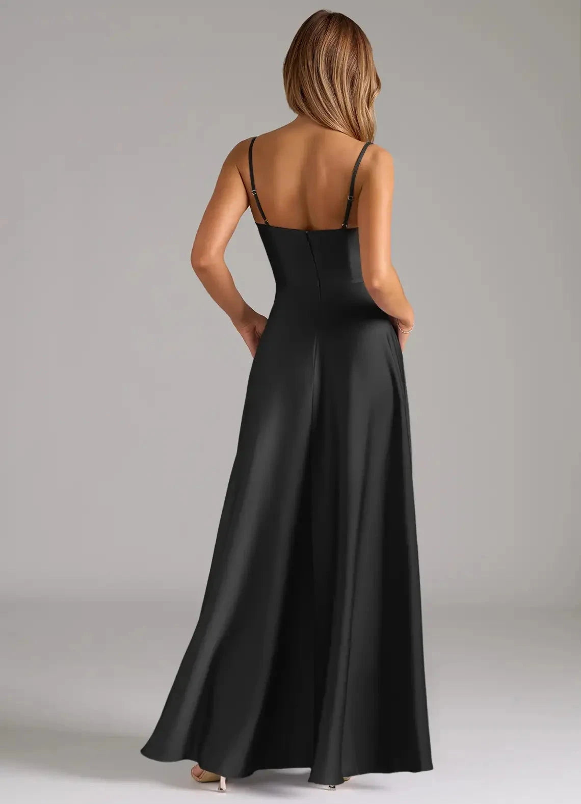 Black Cowl Neck Spaghetti Strap Maxi Dress A-Line Pleated Stretch Satin Dress Bridesmaid Dresses by YiHuiw