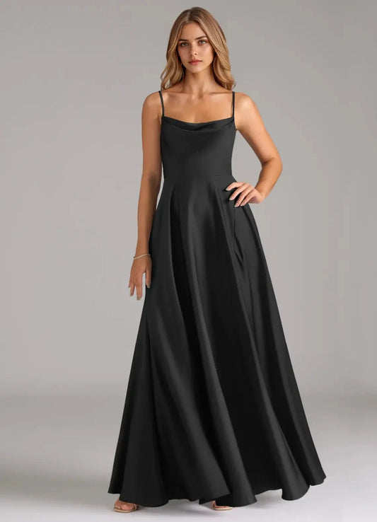 Black Cowl Neck Spaghetti Strap Maxi Dress A-Line Pleated Stretch Satin Dress Bridesmaid Dresses by YiHuiw