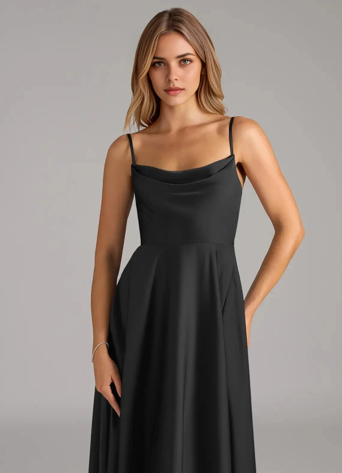 Black Cowl Neck Spaghetti Strap Maxi Dress A-Line Pleated Stretch Satin Dress Bridesmaid Dresses by YiHuiw