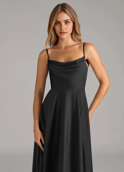 Black Cowl Neck Spaghetti Strap Maxi Dress A-Line Pleated Stretch Satin Dress Bridesmaid Dresses by YiHuiw
