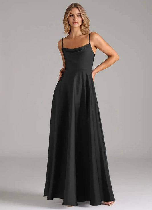 Black Cowl Neck Spaghetti Strap Maxi Dress A-Line Pleated Stretch Satin Dress Bridesmaid Dresses by YiHuiw