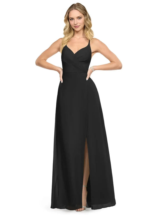 Black Criss - Cross Back Maxi Dress with Side Slit Black A-Line V-Neck Chiffon Dress Bridesmaid Dresses by YiHuiw