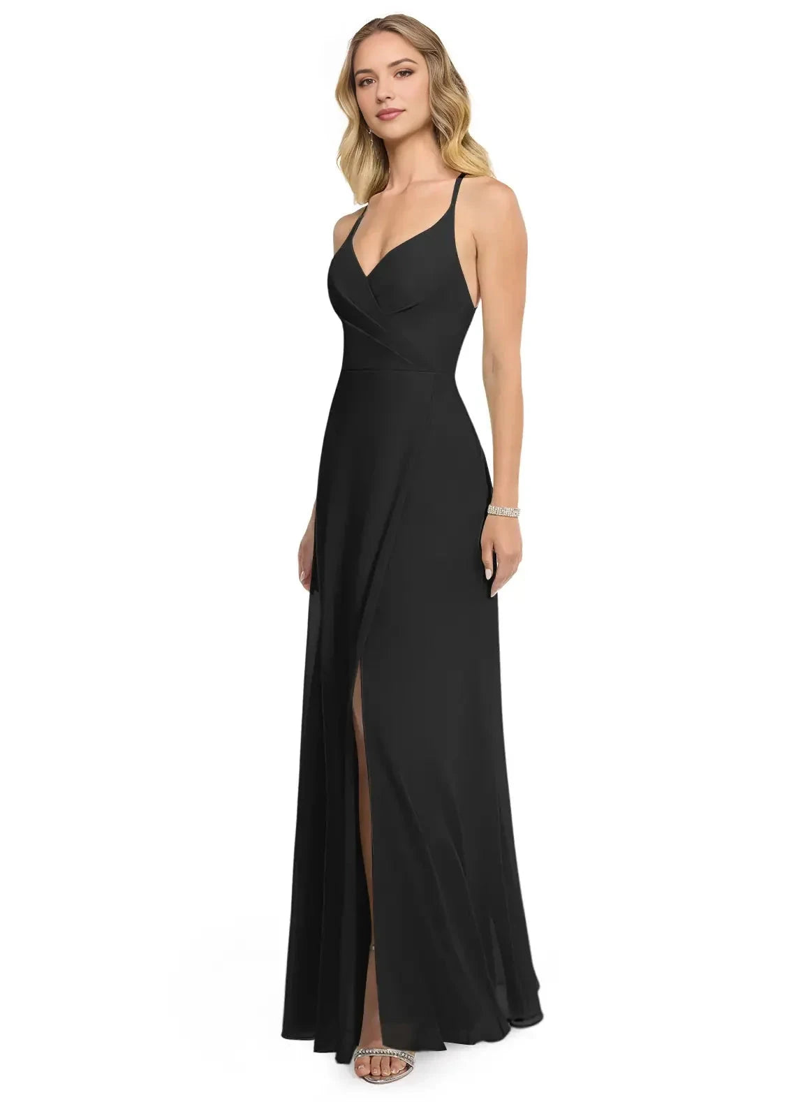 Black Criss - Cross Back Maxi Dress with Side Slit Black A-Line V-Neck Chiffon Dress Bridesmaid Dresses by YiHuiw