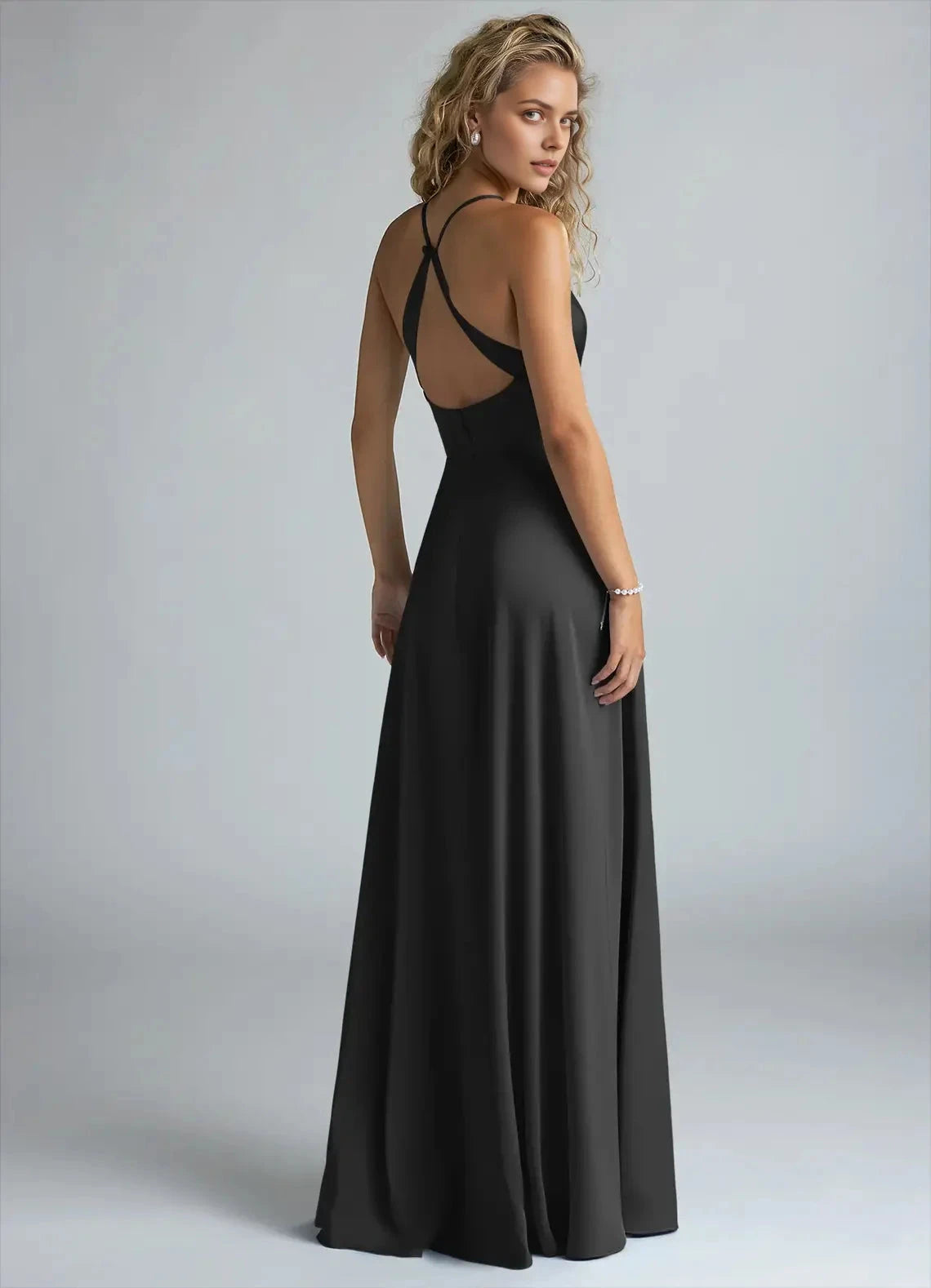 Black Cross-Back Spaghetti Strap Maxi Dress with Side Slit A-Line Pleated Stretch Satin Dress Bridesmaid Dresses by YiHuiw