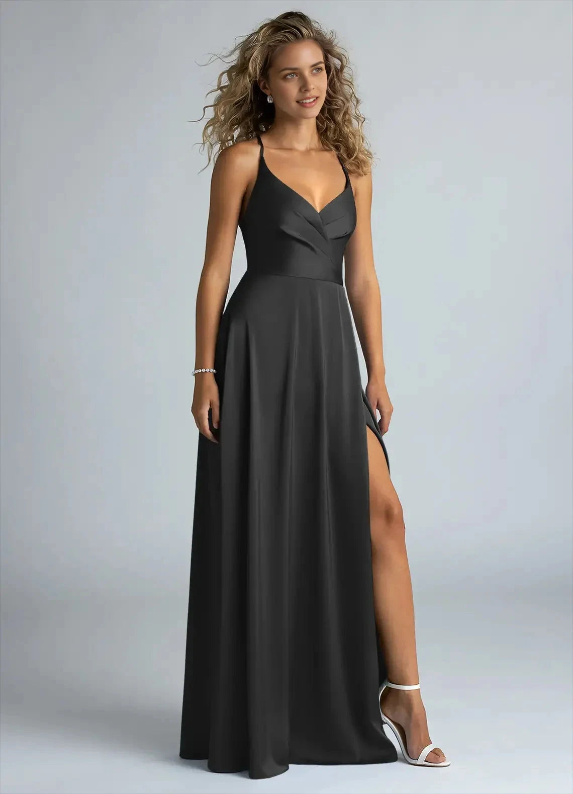 Black Cross-Back Spaghetti Strap Maxi Dress with Side Slit A-Line Pleated Stretch Satin Dress Bridesmaid Dresses by YiHuiw