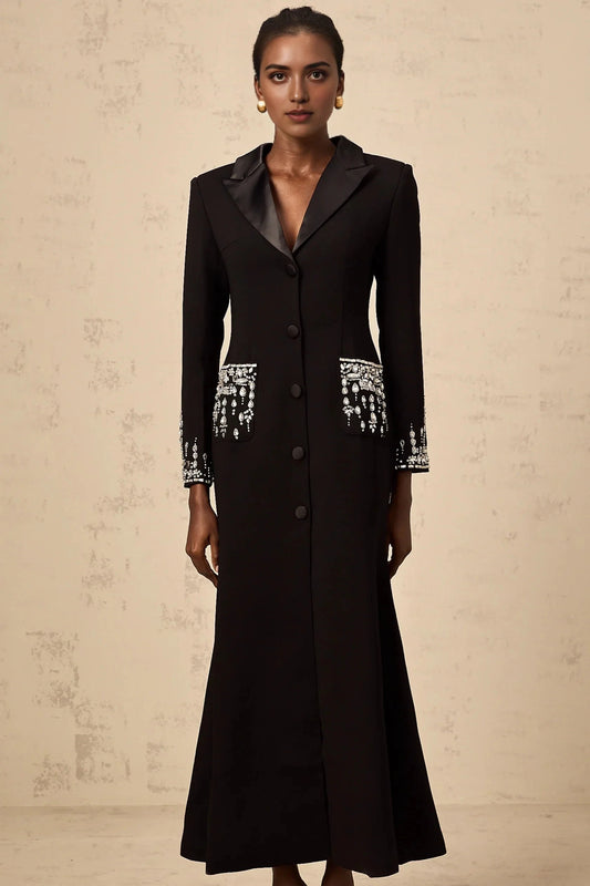 Black Crystal - Embellished Long - Sleeve Maxi Dress Diane black embellished maxi blazer dress Evening Dress by YiHuiw