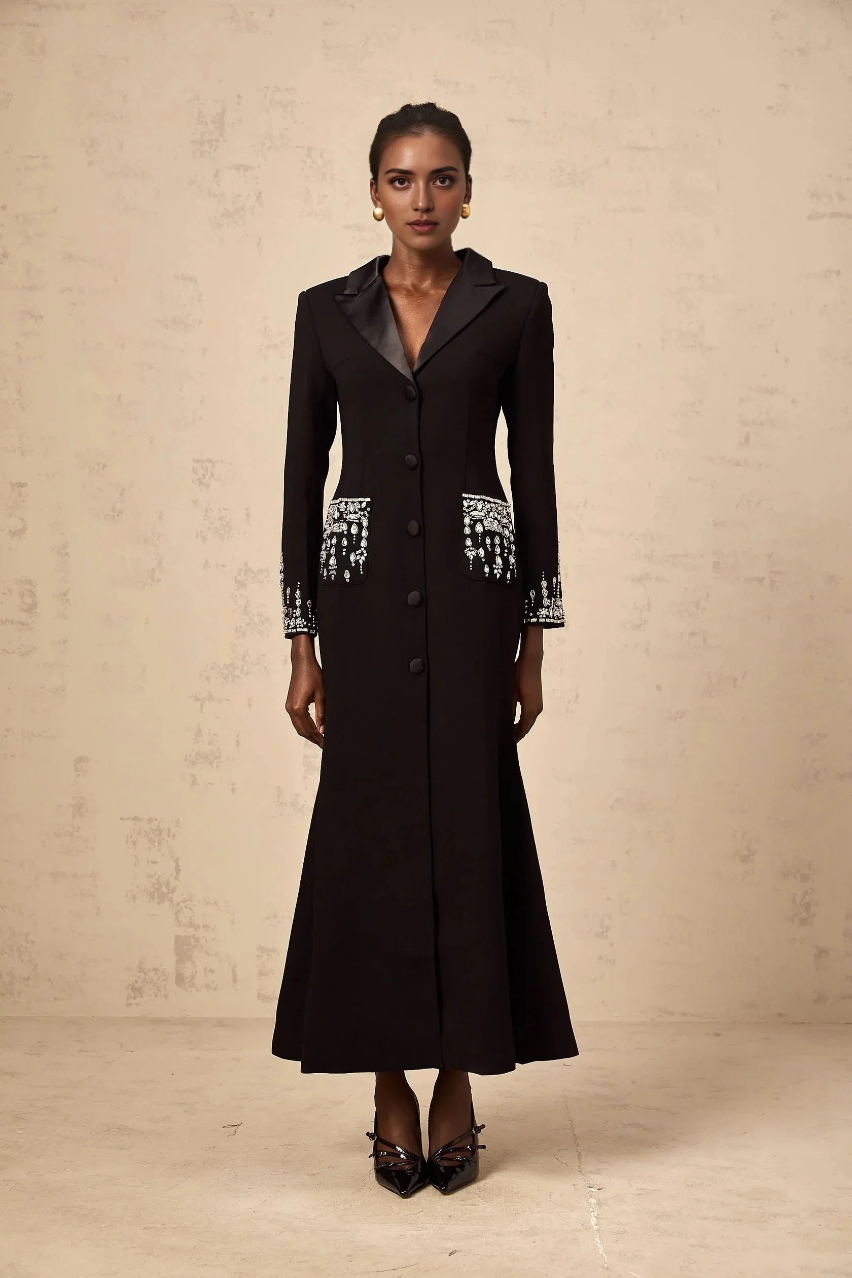 Black Crystal - Embellished Long - Sleeve Maxi Dress Diane black embellished maxi blazer dress Evening Dress by YiHuiw