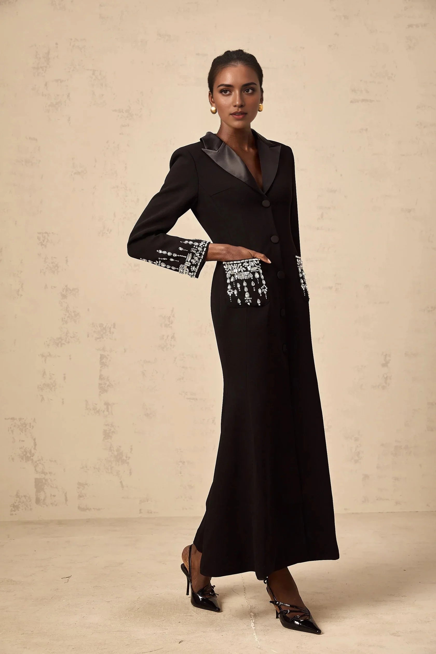 Black Crystal - Embellished Long - Sleeve Maxi Dress Diane black embellished maxi blazer dress Evening Dress by YiHuiw