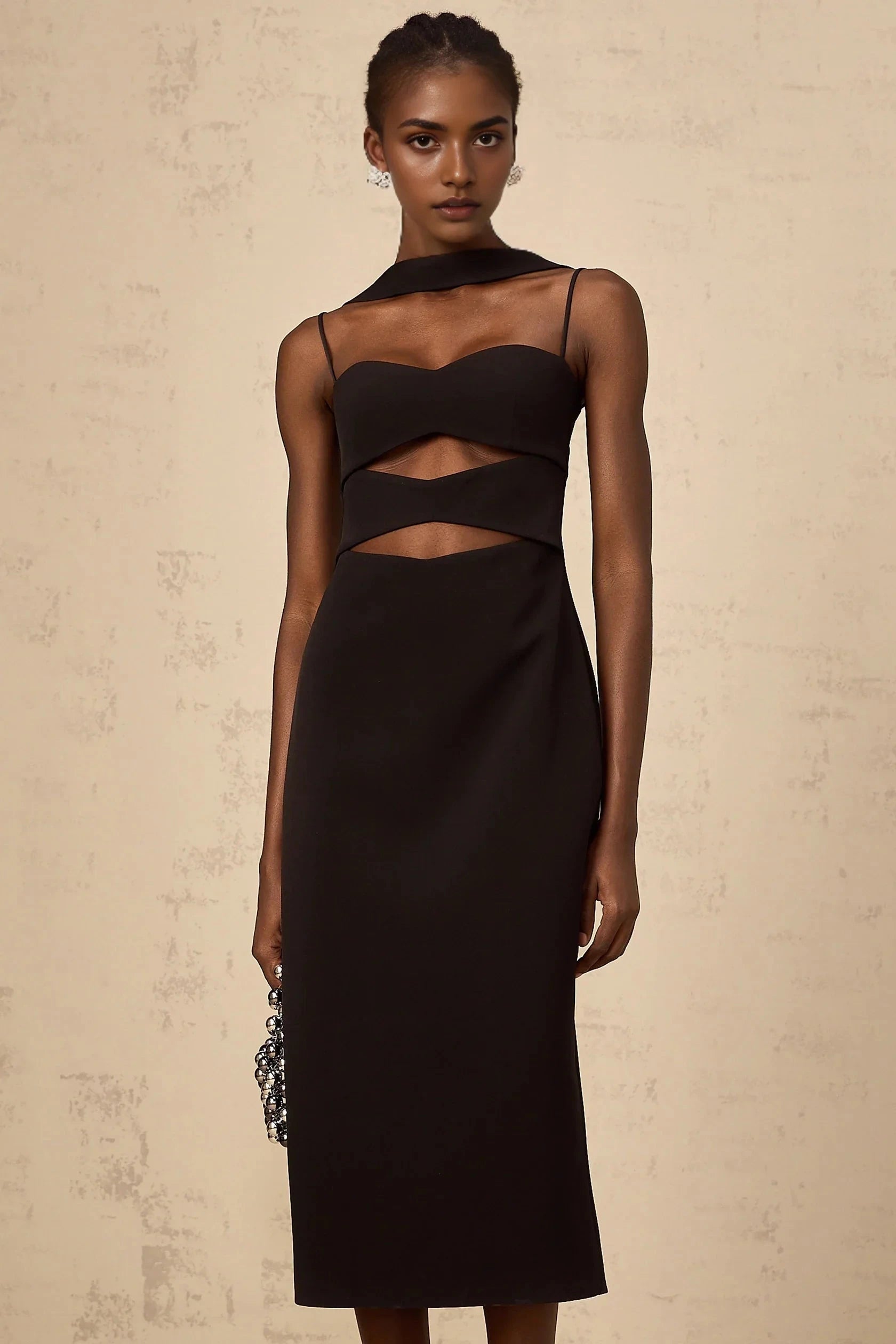 Black Cutout Midi Dress with Asymmetrical Neckline Mylene black cut-out midi dress Evening Dress by YiHuiw