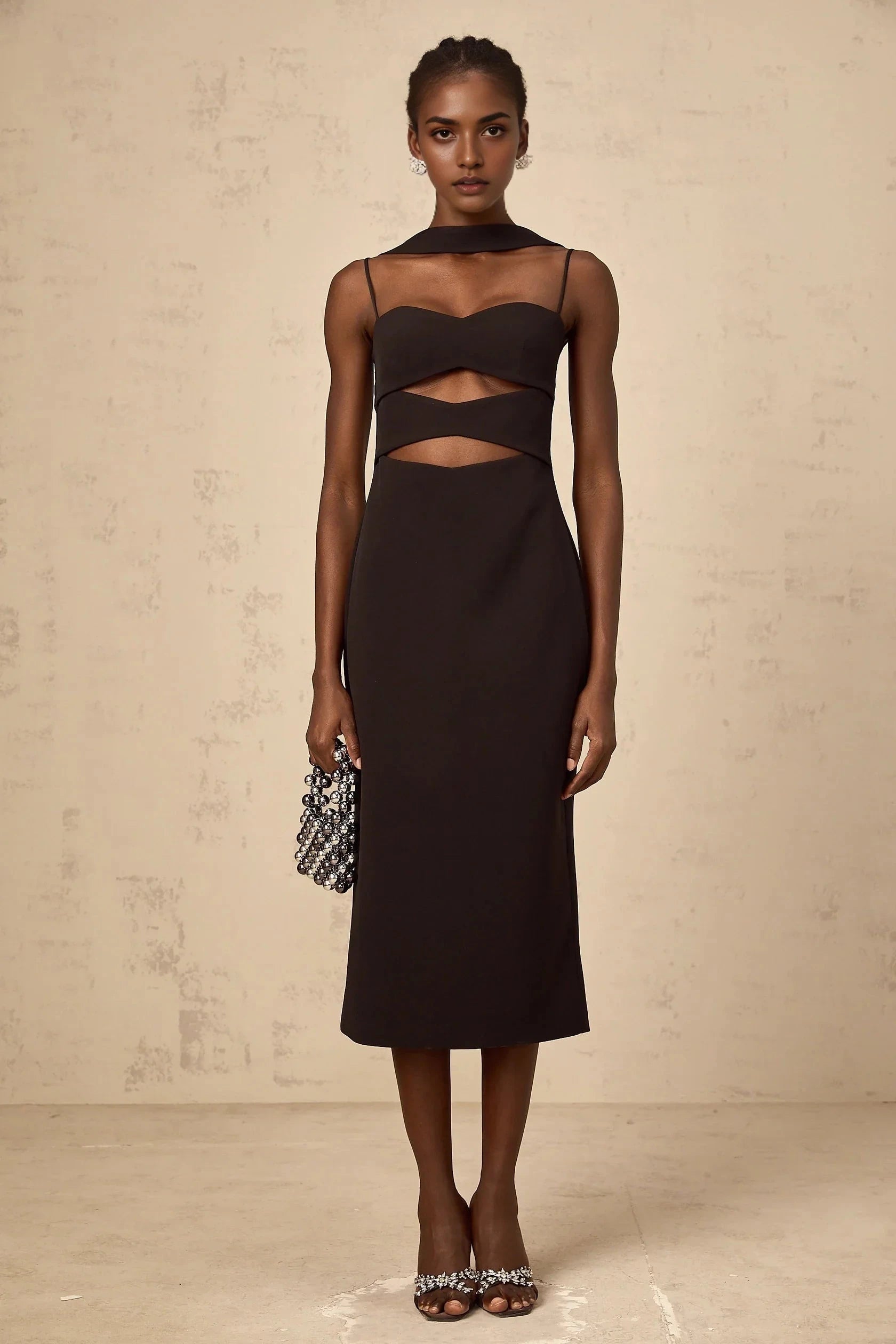 Black Cutout Midi Dress with Asymmetrical Neckline Mylene black cut-out midi dress Evening Dress by YiHuiw