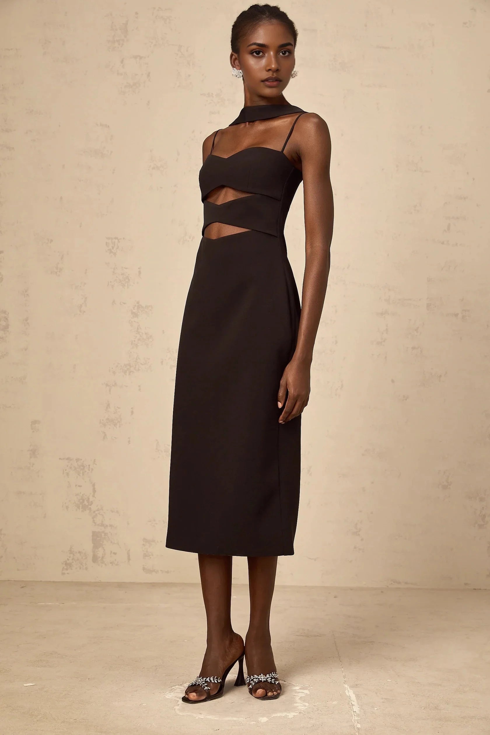 Black Cutout Midi Dress with Asymmetrical Neckline Mylene black cut-out midi dress Evening Dress by YiHuiw