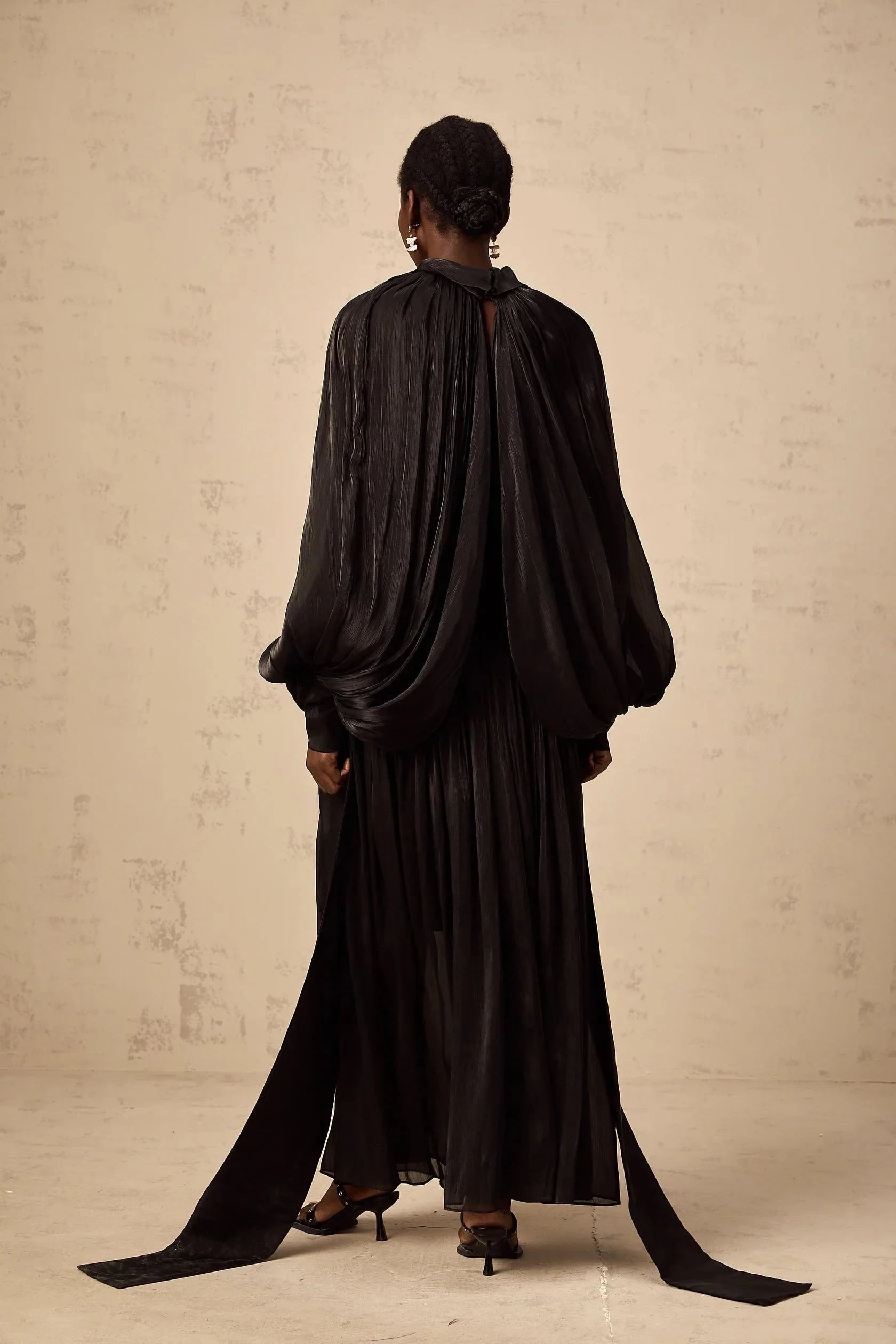 Black Draped Cape - Style Maxi Dress Mila pleated satin maxi dress in Black Evening Dress by YiHuiw