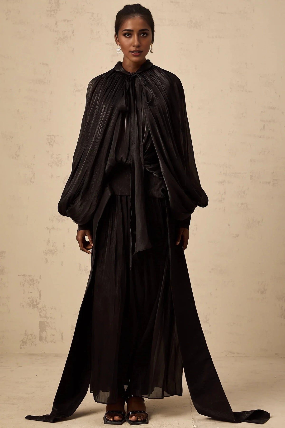 Black Draped Cape - Style Maxi Dress Mila pleated satin maxi dress in Black Evening Dress by YiHuiw