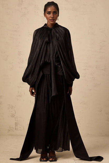 Black Draped Cape - Style Maxi Dress Mila pleated satin maxi dress in Black Evening Dress by YiHuiw