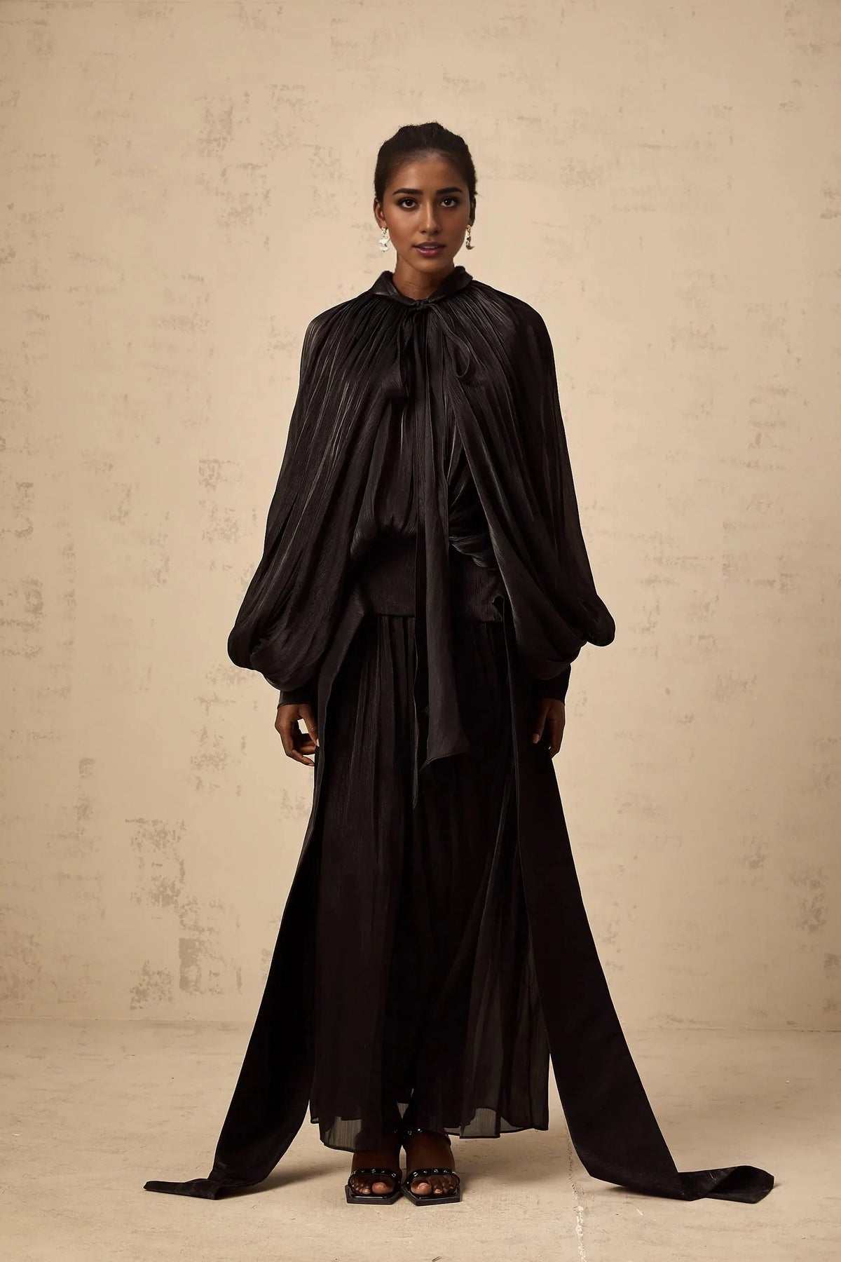 Black Draped Cape - Style Maxi Dress Mila pleated satin maxi dress in Black Evening Dress by YiHuiw