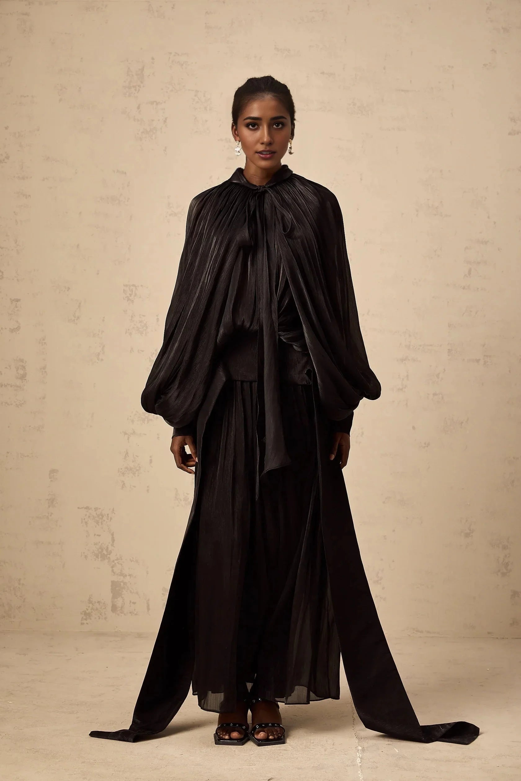 Black Draped Cape - Style Maxi Dress Mila pleated satin maxi dress in Black Evening Dress by YiHuiw