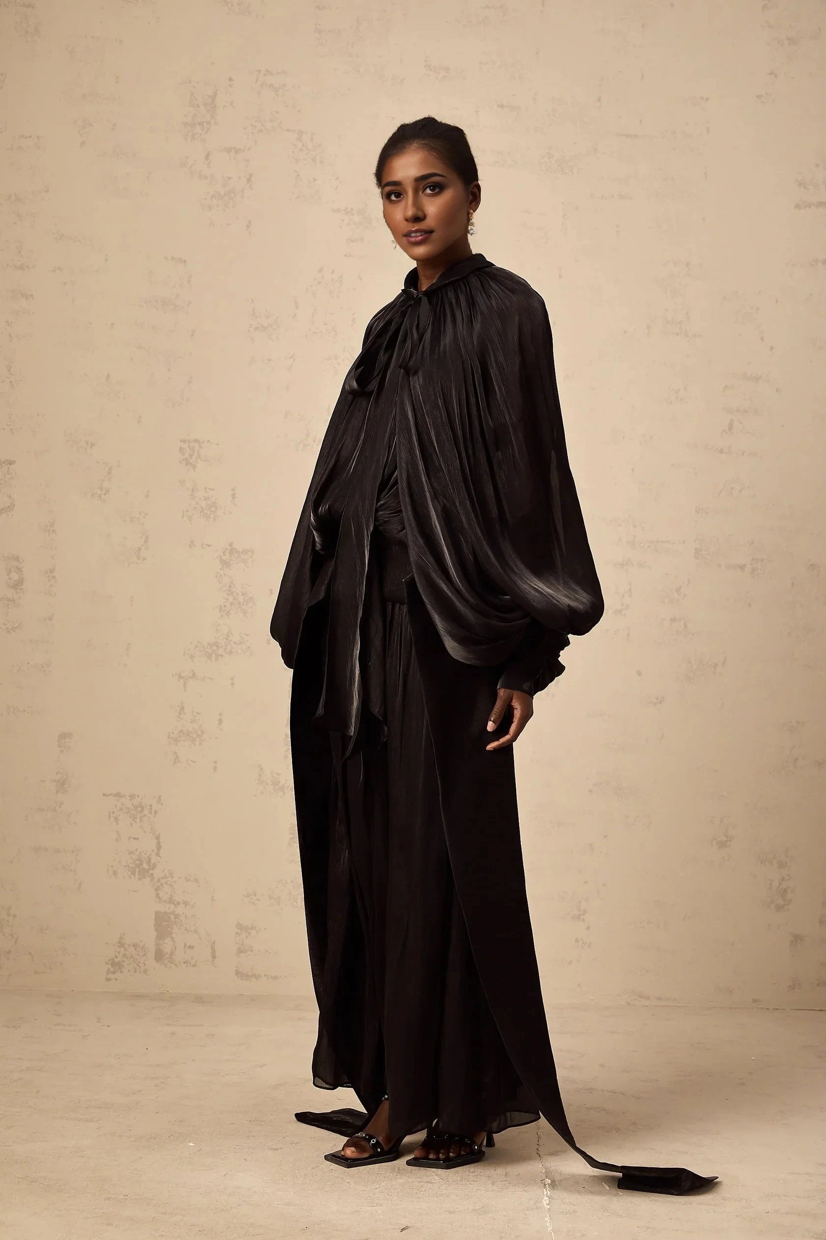 Black Draped Cape - Style Maxi Dress Mila pleated satin maxi dress in Black Evening Dress by YiHuiw