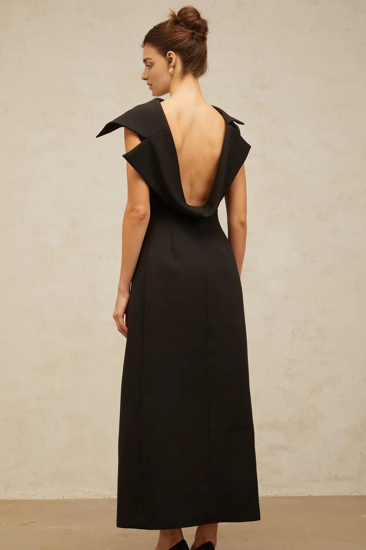 Black Draped Collar Open - Back Midi Dress black deconstructed open-back midi dress Evening Dress by YiHuiw