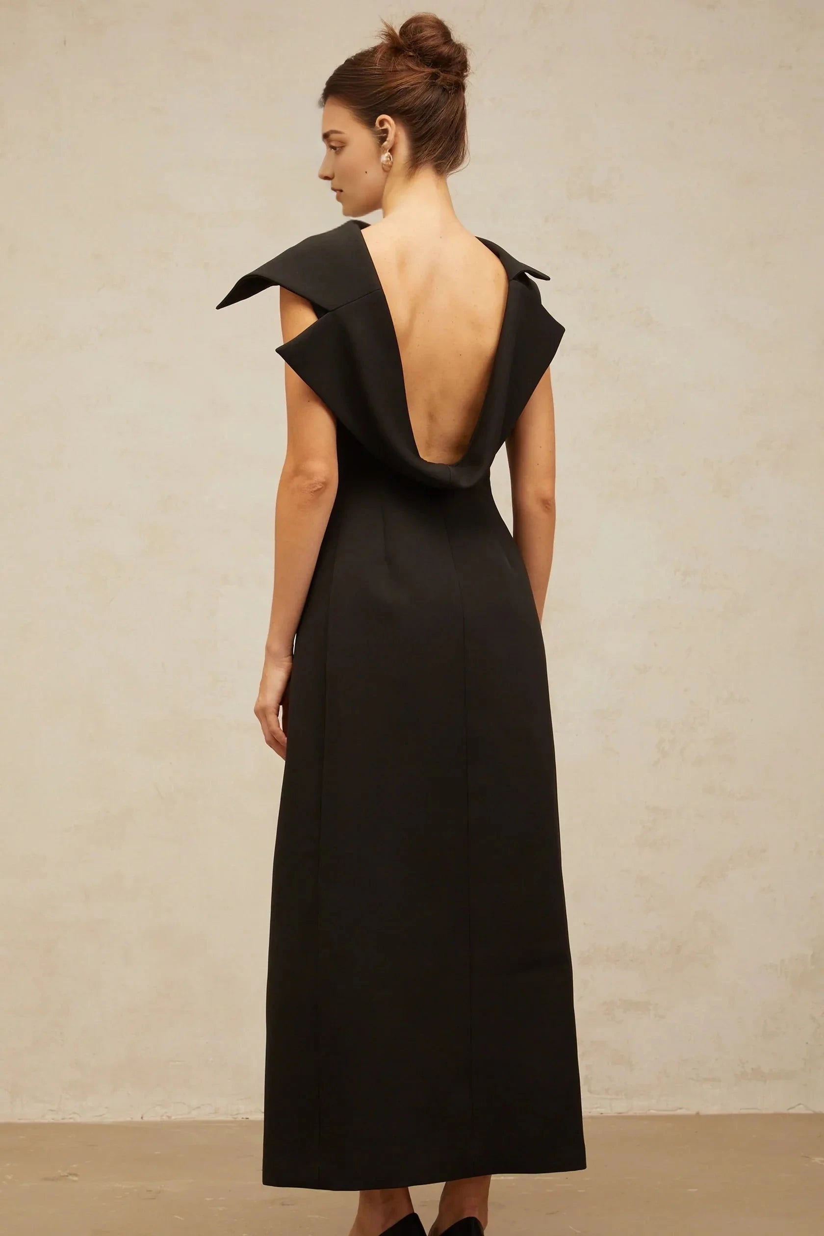 Black Draped Collar Open - Back Midi Dress black deconstructed open-back midi dress Evening Dress by YiHuiw