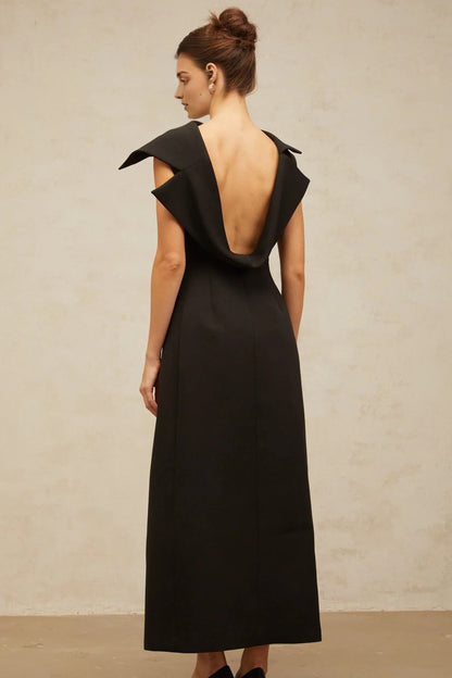 Black Draped Collar Open - Back Midi Dress black deconstructed open-back midi dress Evening Dress by YiHuiw
