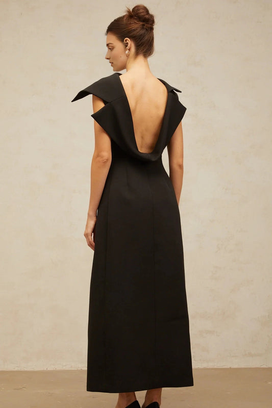Black Draped Collar Open - Back Midi Dress black deconstructed open-back midi dress Evening Dress by YiHuiw