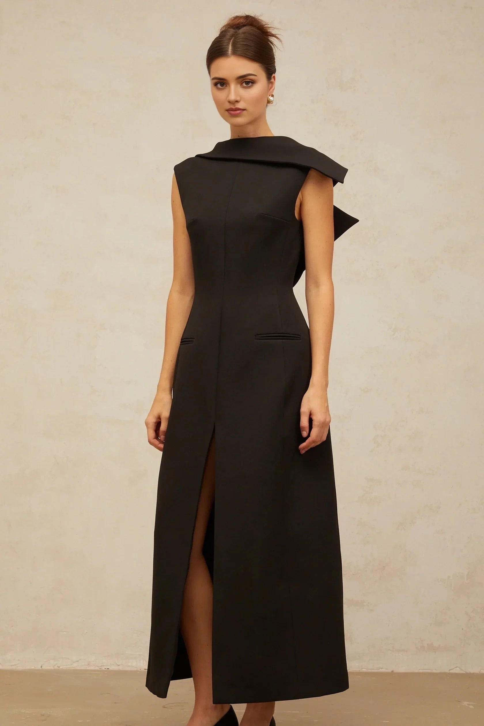 Black Draped Collar Open - Back Midi Dress black deconstructed open-back midi dress Evening Dress by YiHuiw