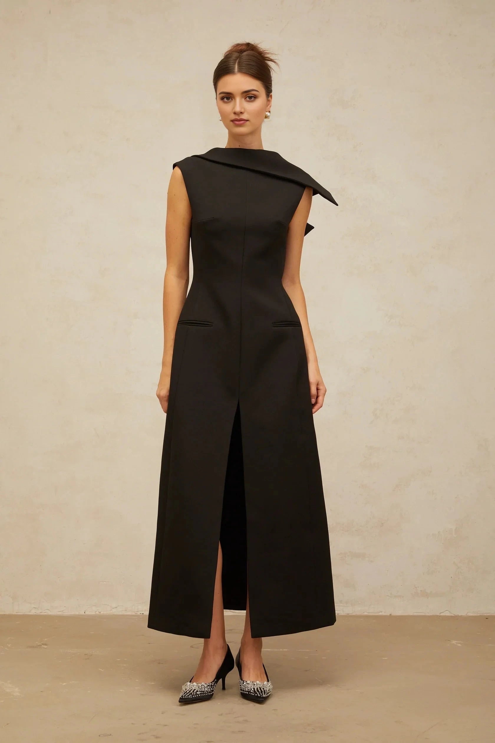 Black Draped Collar Open - Back Midi Dress black deconstructed open-back midi dress Evening Dress by YiHuiw