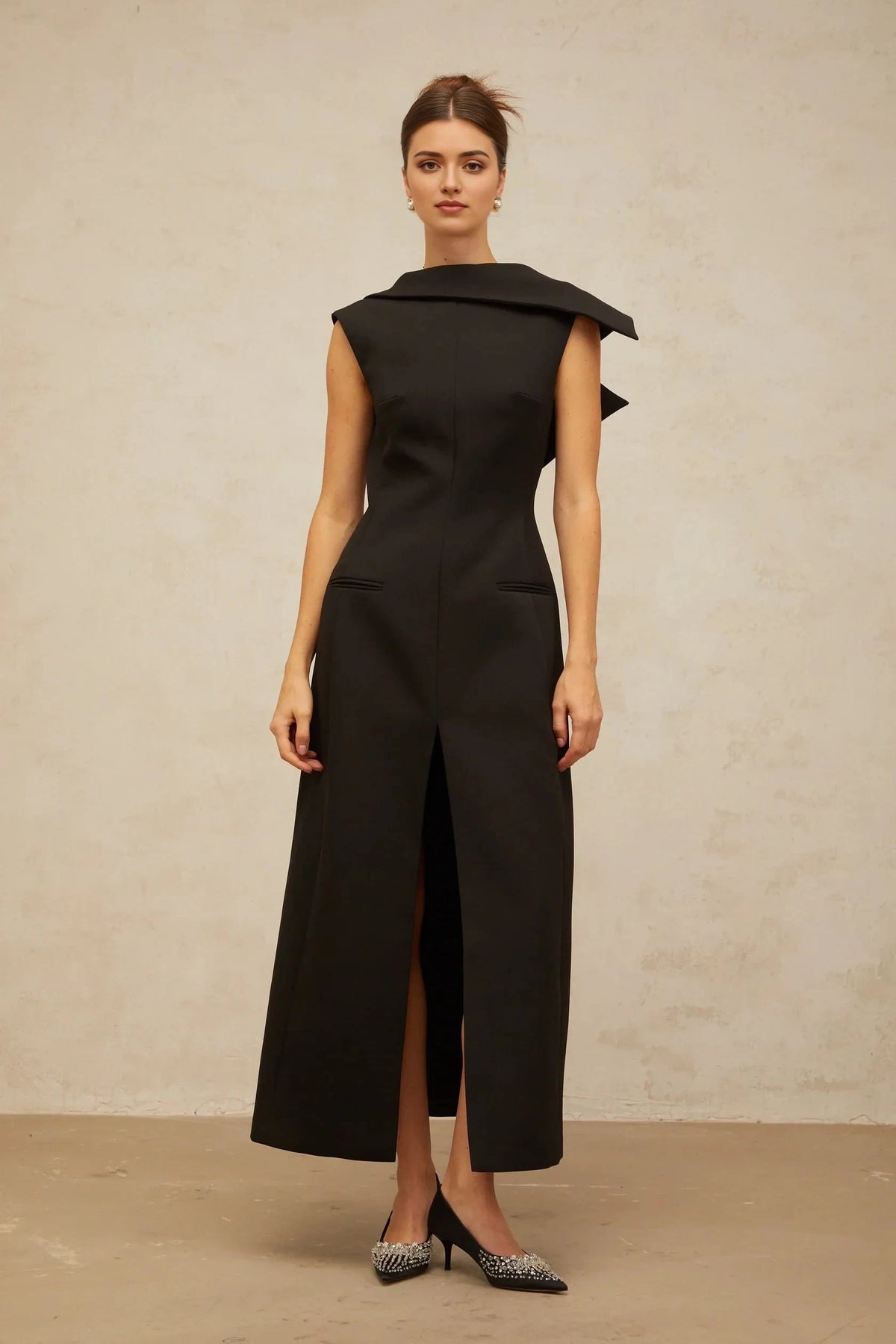 Black Draped Collar Open - Back Midi Dress black deconstructed open-back midi dress Evening Dress by YiHuiw