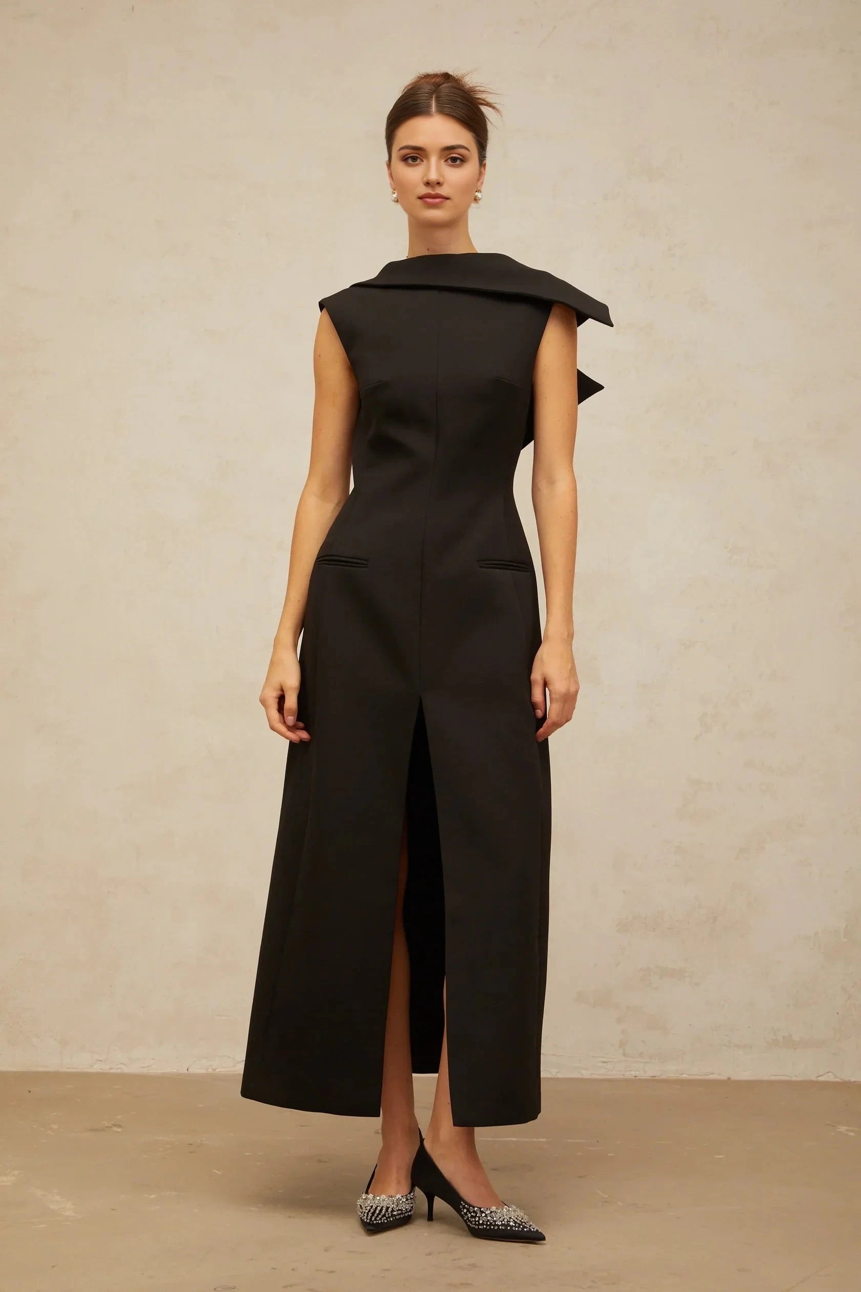 Black Draped Collar Open - Back Midi Dress black deconstructed open-back midi dress Evening Dress by YiHuiw
