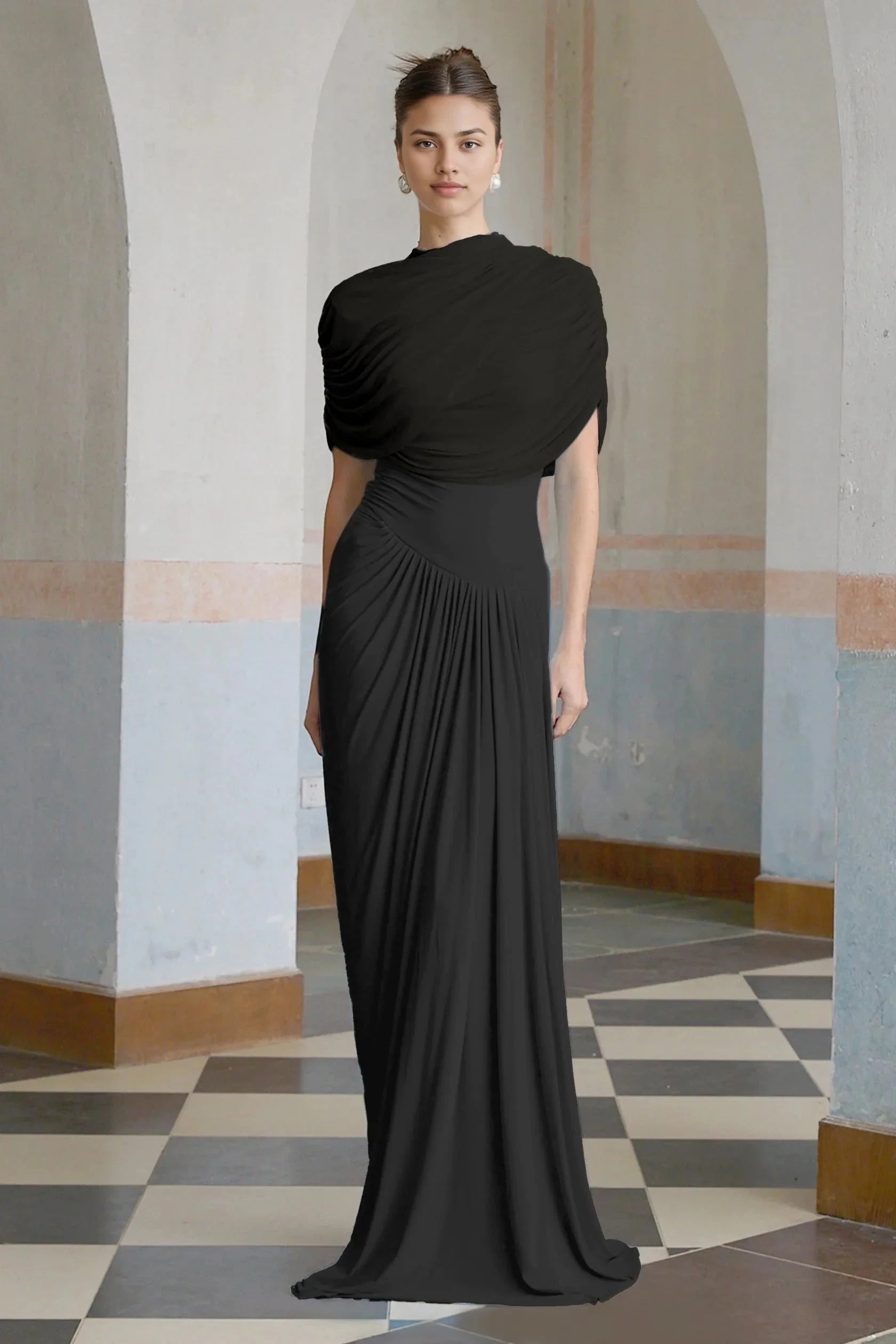 Black Draped Maxi Dress Catherine Black Asymmetrical Pleated Maxi Dress Evening Dress by YiHuiw