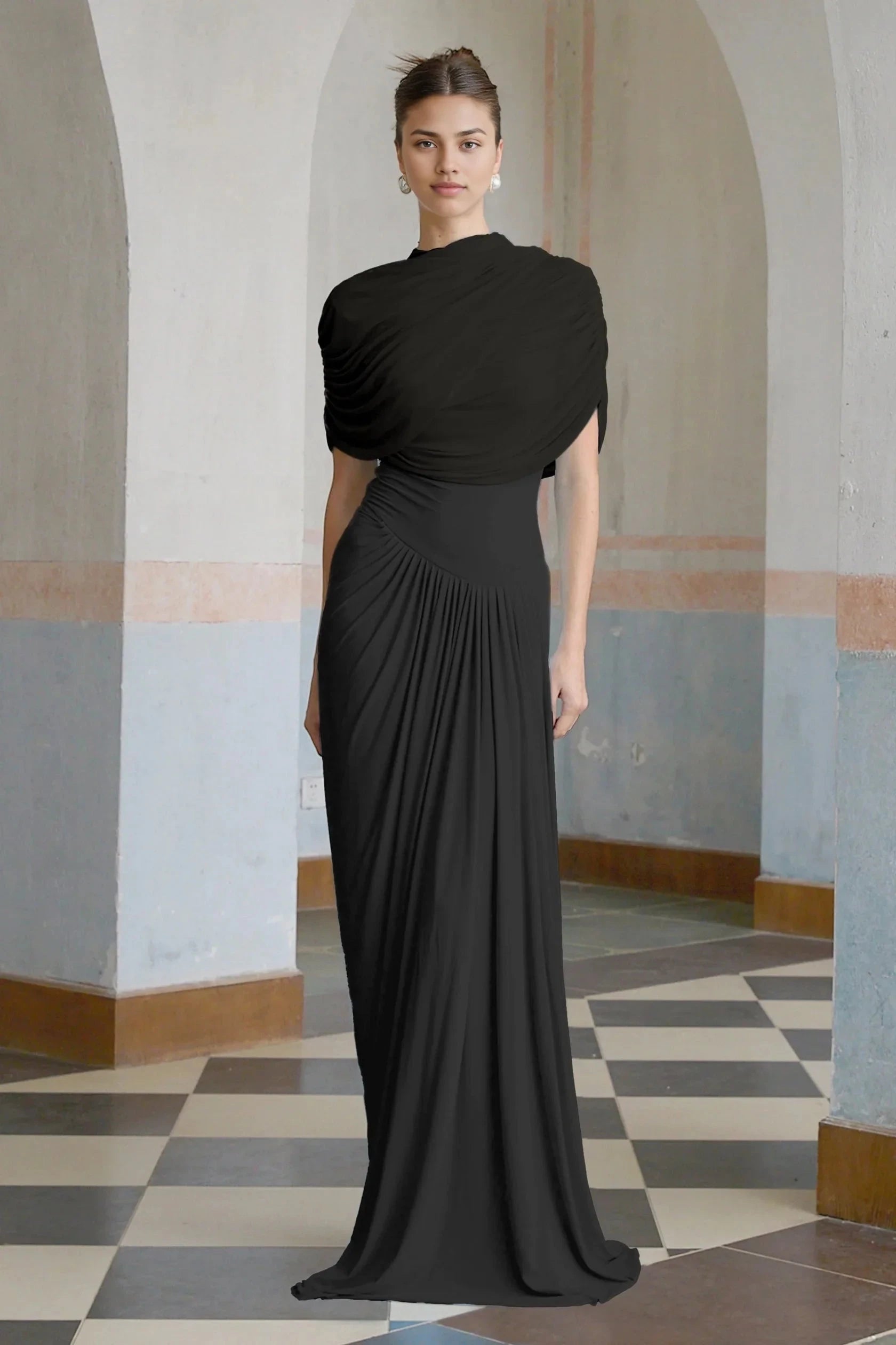 Black Draped Maxi Dress Catherine Black Asymmetrical Pleated Maxi Dress Evening Dress by YiHuiw