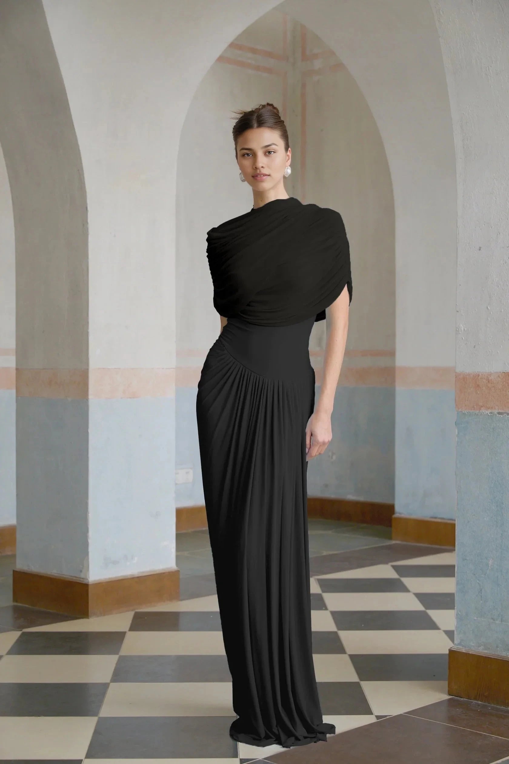 Black Draped Maxi Dress Catherine Black Asymmetrical Pleated Maxi Dress Evening Dress by YiHuiw
