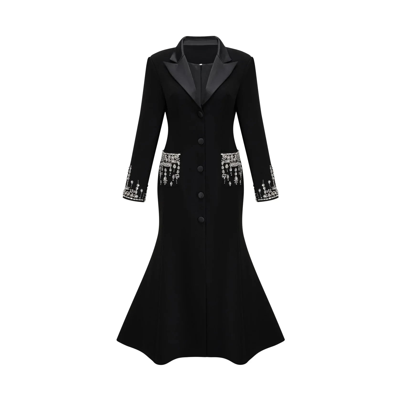 Black Embellished Long Sleeve Maxi Dress with Lapel Collar black embellished maxi blazer dress Evening Dress by YiHuiw