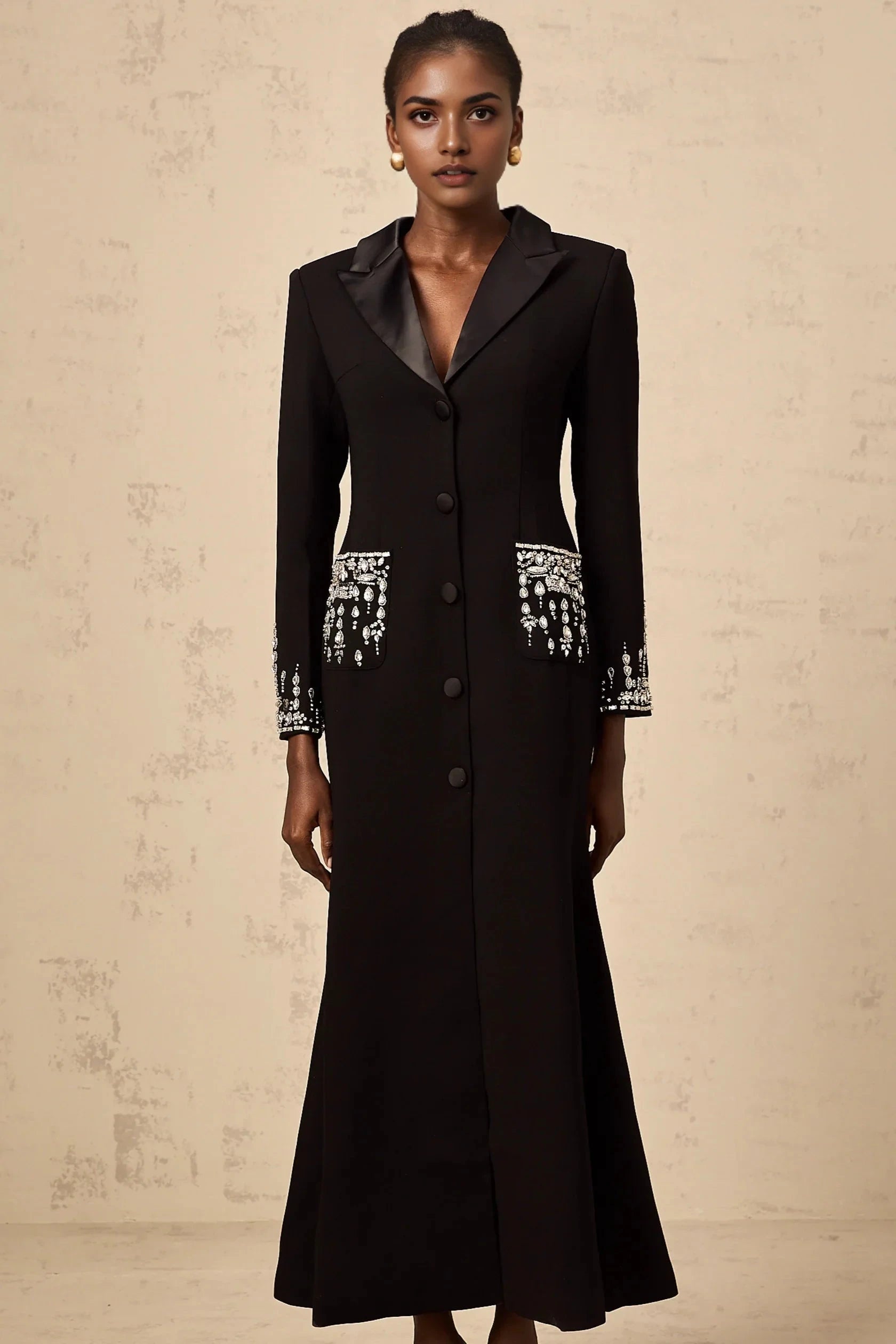 Black Embellished Long Sleeve Maxi Dress with Lapel Collar black embellished maxi blazer dress Evening Dress by YiHuiw