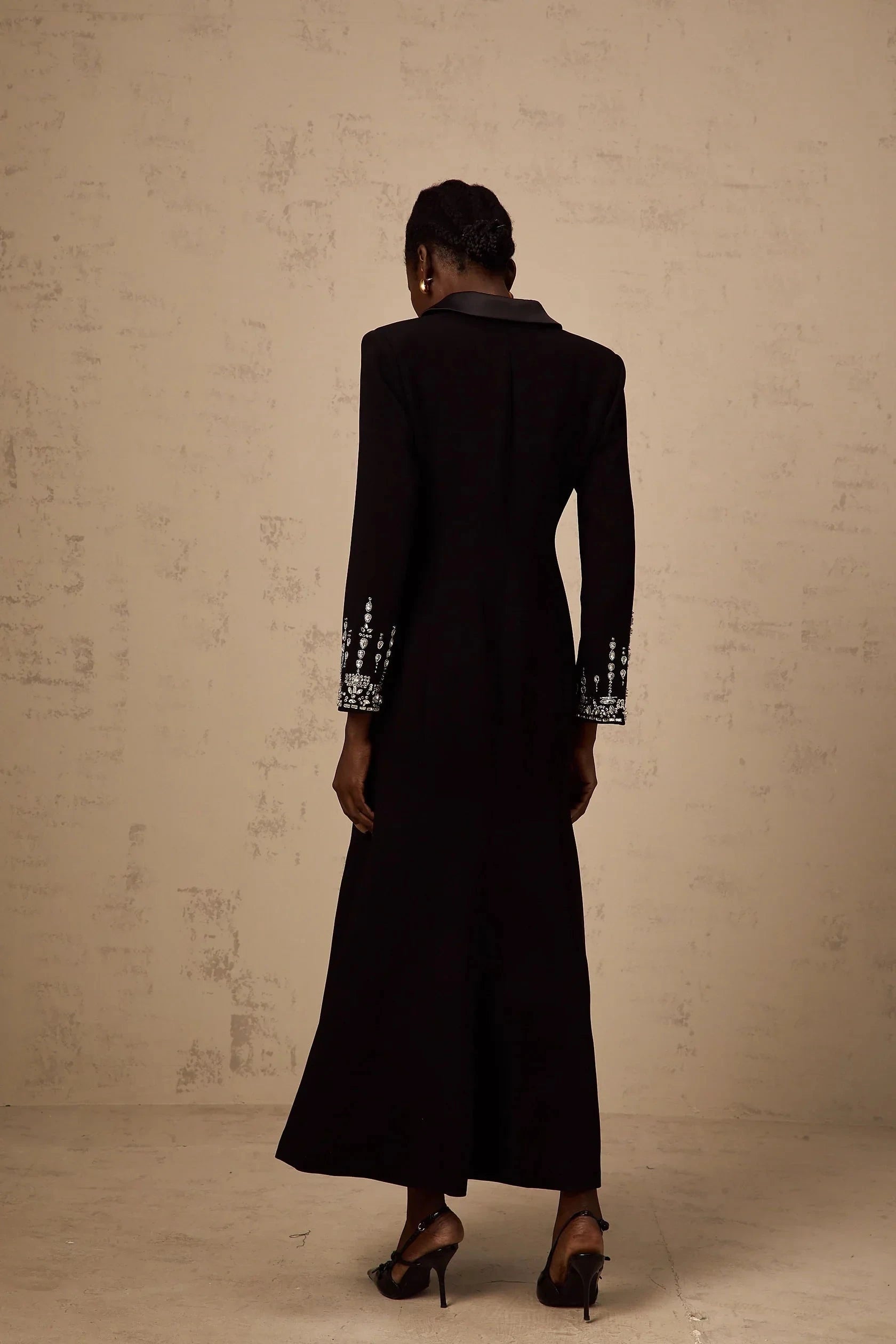 Black Embellished Long Sleeve Maxi Dress with Lapel Collar black embellished maxi blazer dress Evening Dress by YiHuiw