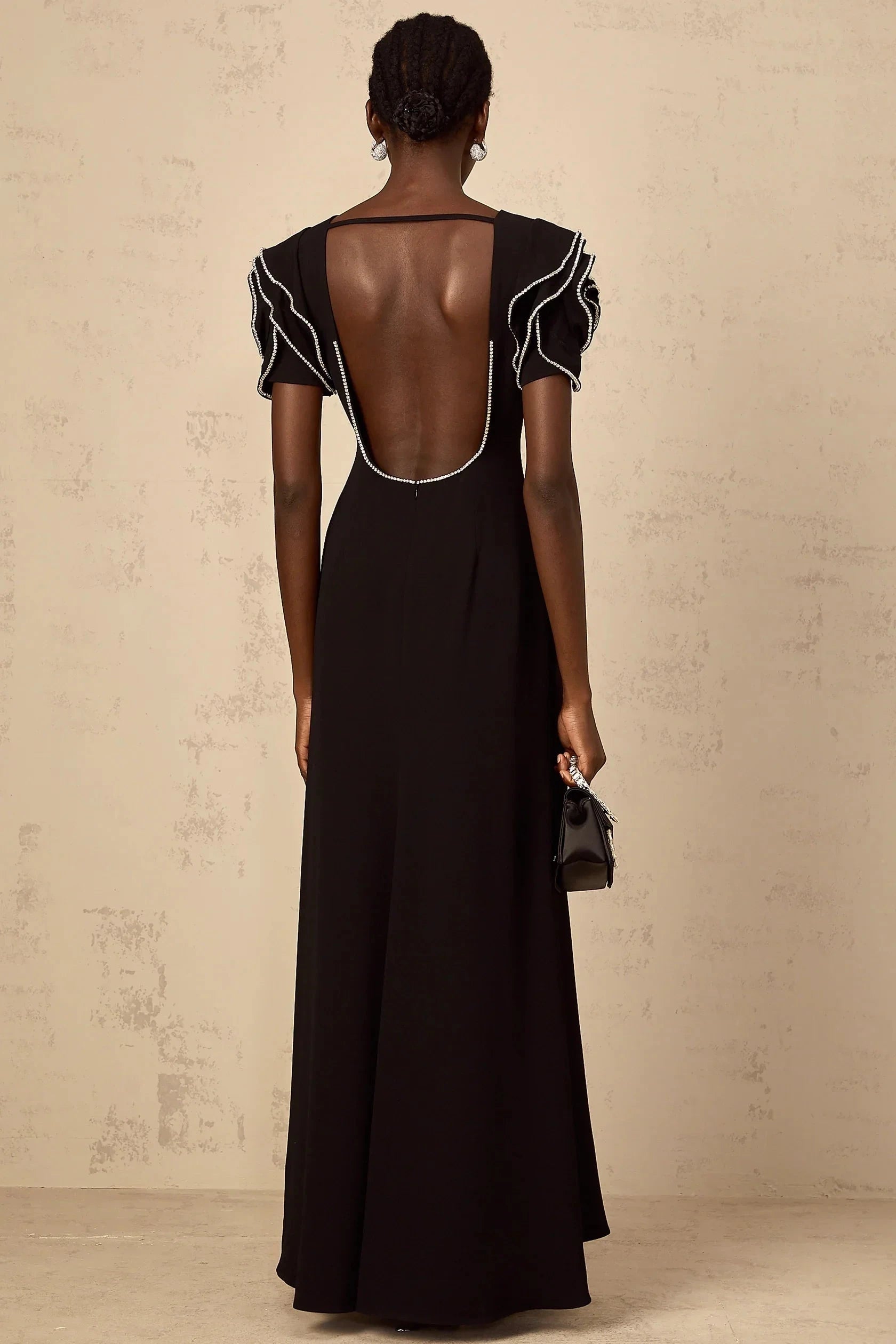 Black Embellished Puff Sleeve Open Back Maxi Dress Black Ruffled Embellished Maxi Dress Evening Dress by YiHuiw