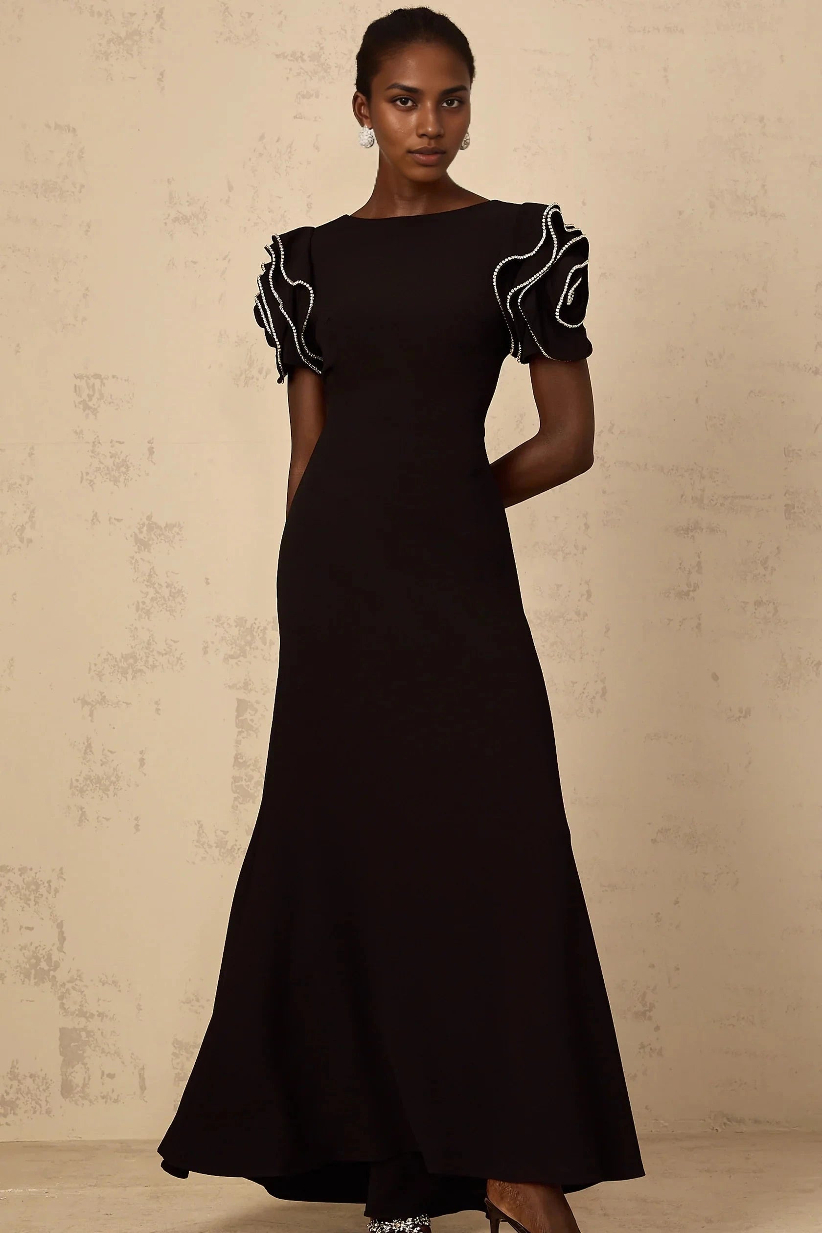 Black Embellished Puff Sleeve Open Back Maxi Dress Black Ruffled Embellished Maxi Dress Evening Dress by YiHuiw