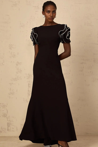 Black Embellished Puff Sleeve Open Back Maxi Dress Black Ruffled Embellished Maxi Dress Evening Dress by YiHuiw